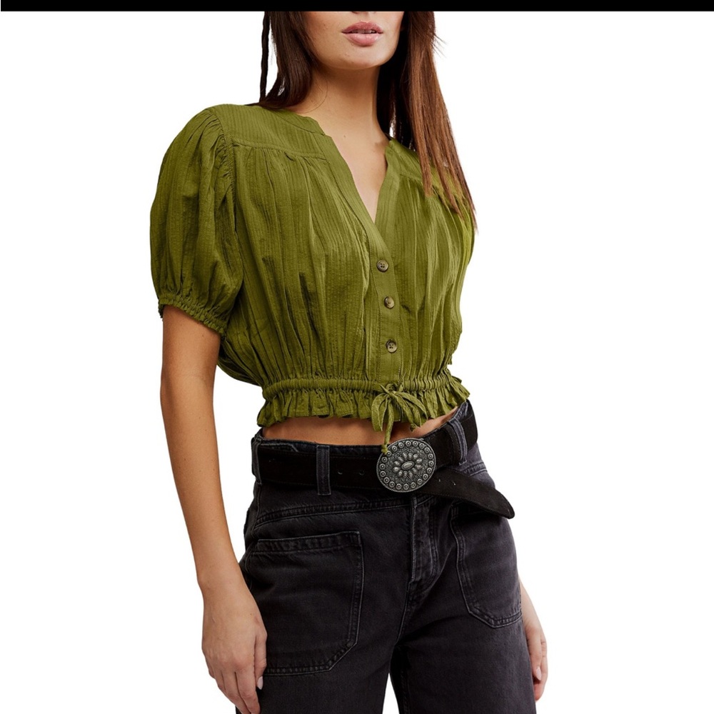 Free People Little Cloud Split Neck Short Puff Sleeve Shirt - Peat Moss